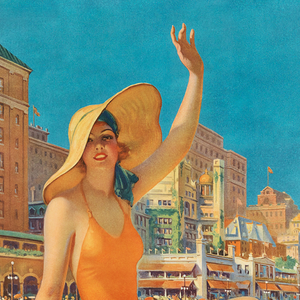 A cropped lithographic poster of a woman in a bathing suit and hat waving at you.