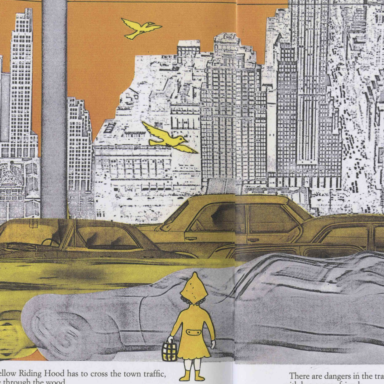 A poster of a small girl crossing a traffic heavy street with two birds flying overhead.