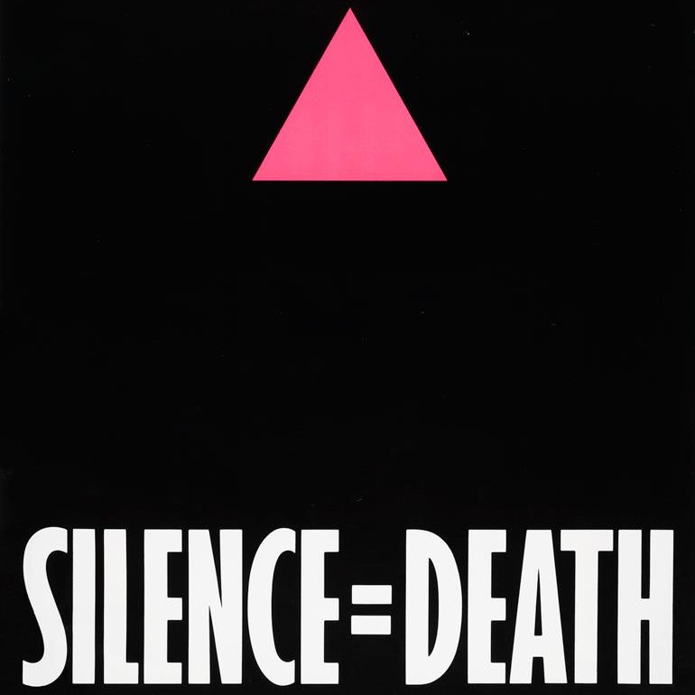 A poster featuring a pink triangle and white text,