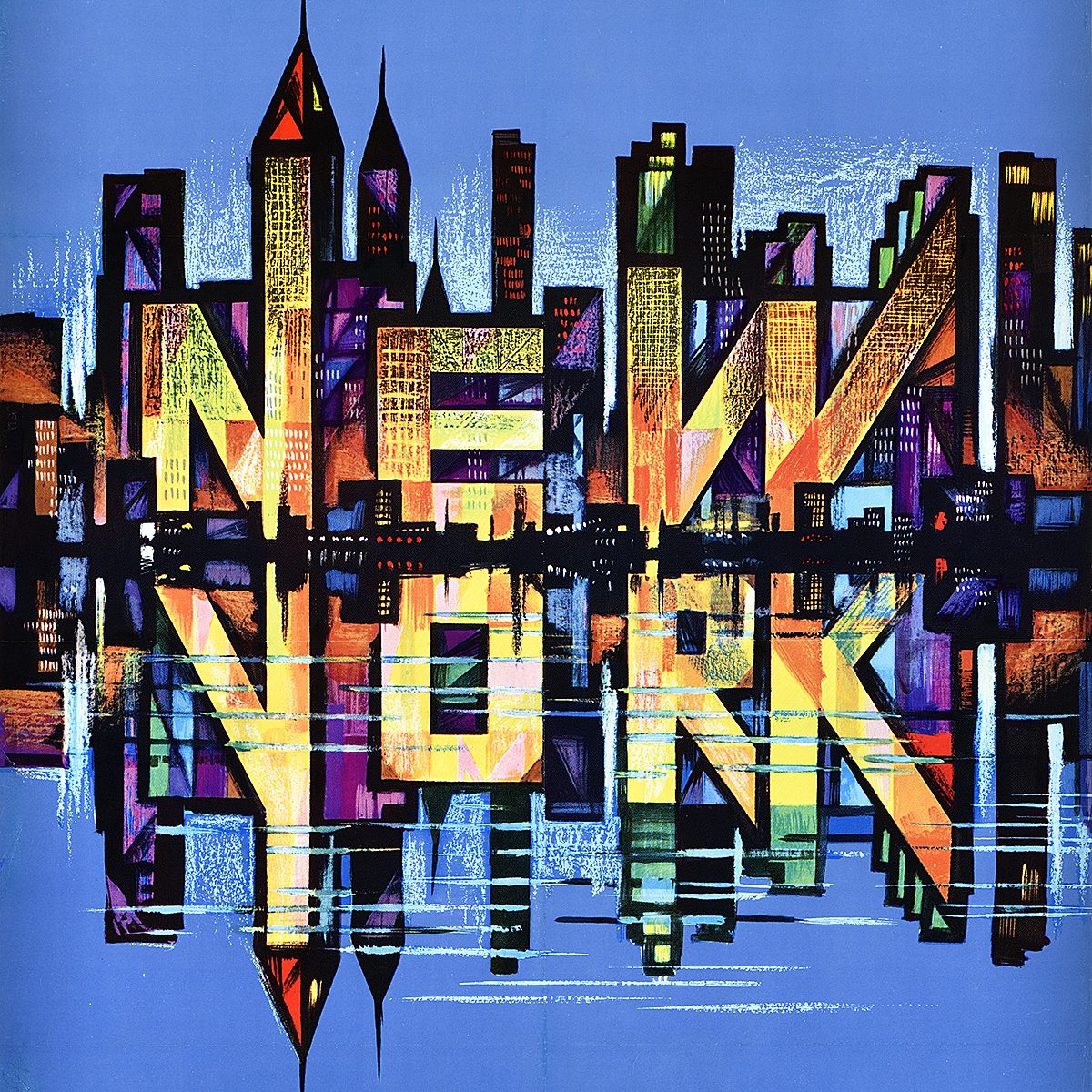 A poster image of the skyline of New York City spelling