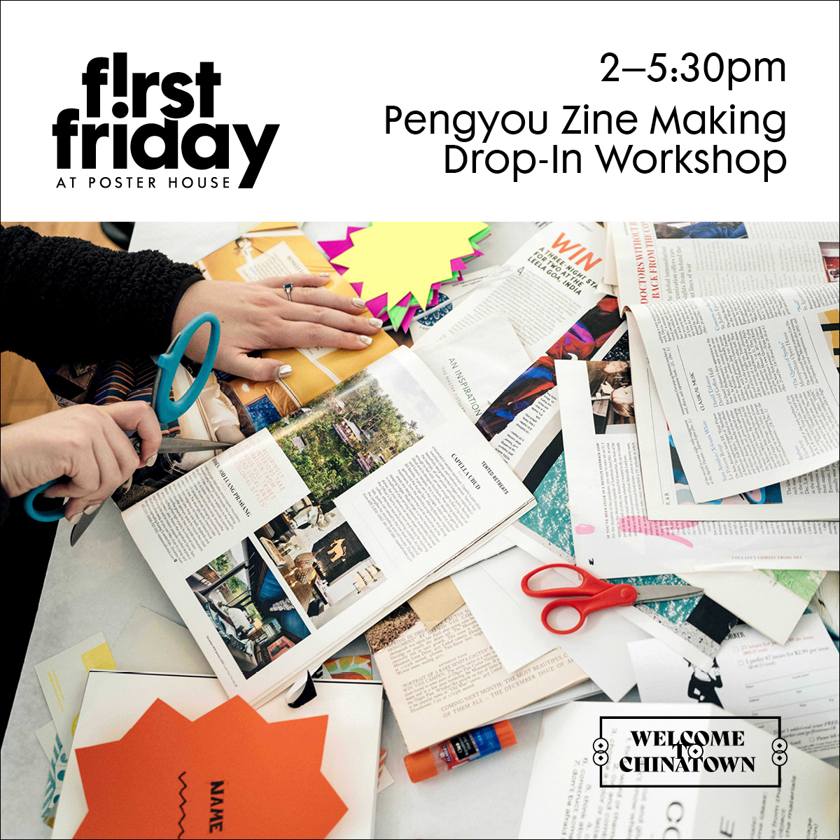 a photograph of hands cutting a magazine with event information